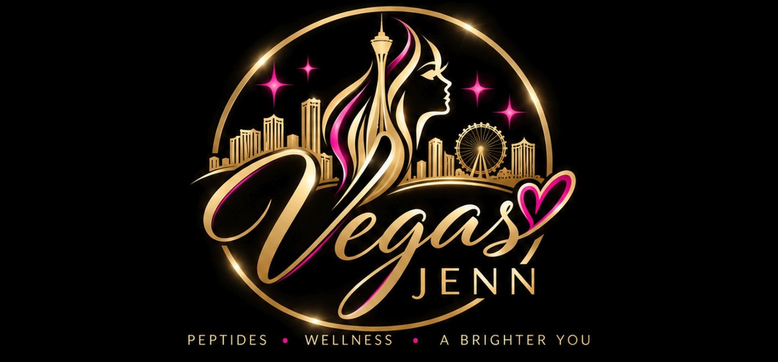 Vegas Jenn logo with a gold Las Vegas skyline, woman's silhouette, and magenta accents